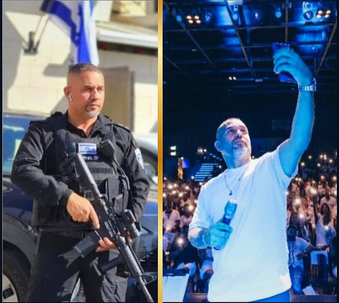 מיקי לוגסי בשני עולמות - מימין כמפקד בשירות הביטחון, משמאל מרצה על במה מול קהל