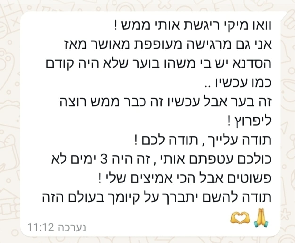 הודעת תודה מלקוחה בוואטסאפ למיקי לוגסי